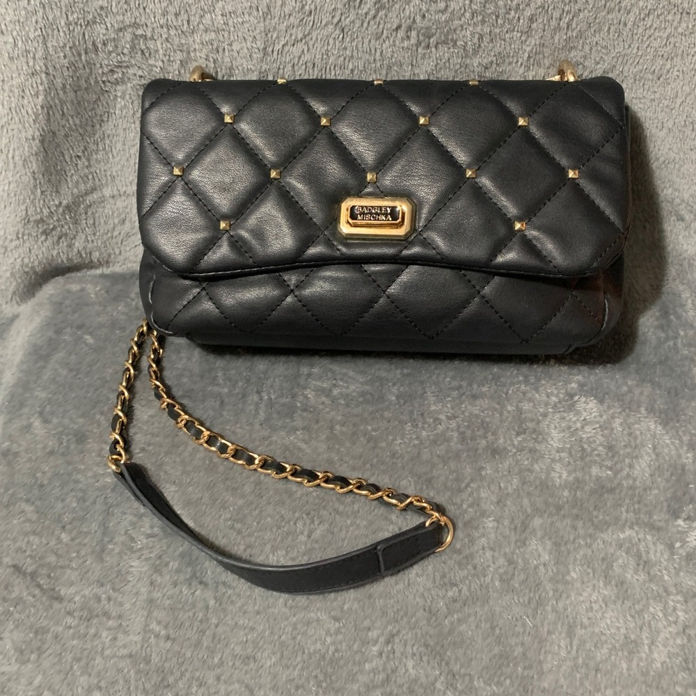 Badgley Mischka Black Quilted Studded Leather Shoulder Bag Gold Chain Crossbody